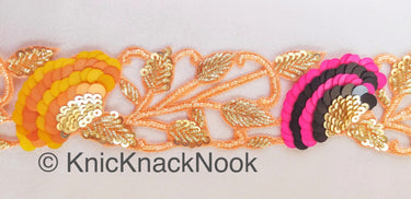 Pink / Peach Indian Beaded Lace Trim, Handmade, Sequins Trim